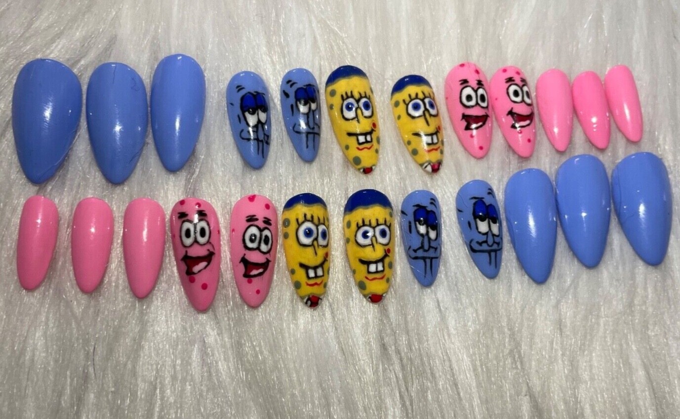 Custom press on nails SpongeBob almond 24 Patrick Squidward pink blue yellow
