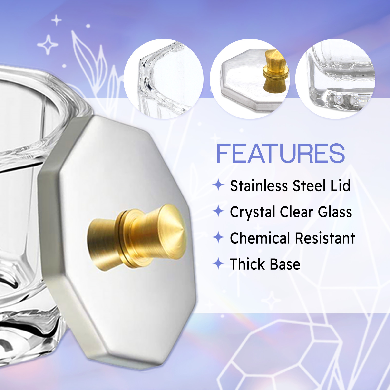 Octagon Shaped Glass Dappen Dish With Metal Lid
