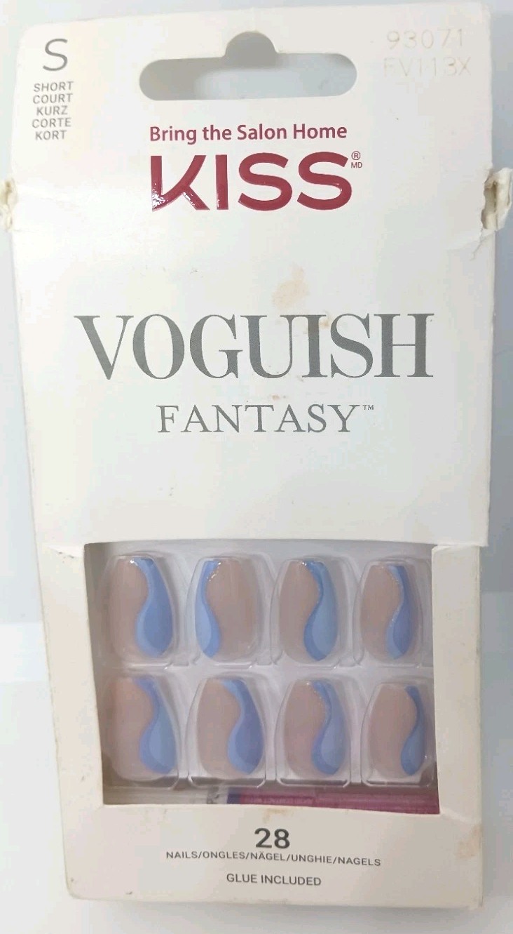 Kiss Voguish Fantasy 28 short nails glue included blue flesh colored new box dam