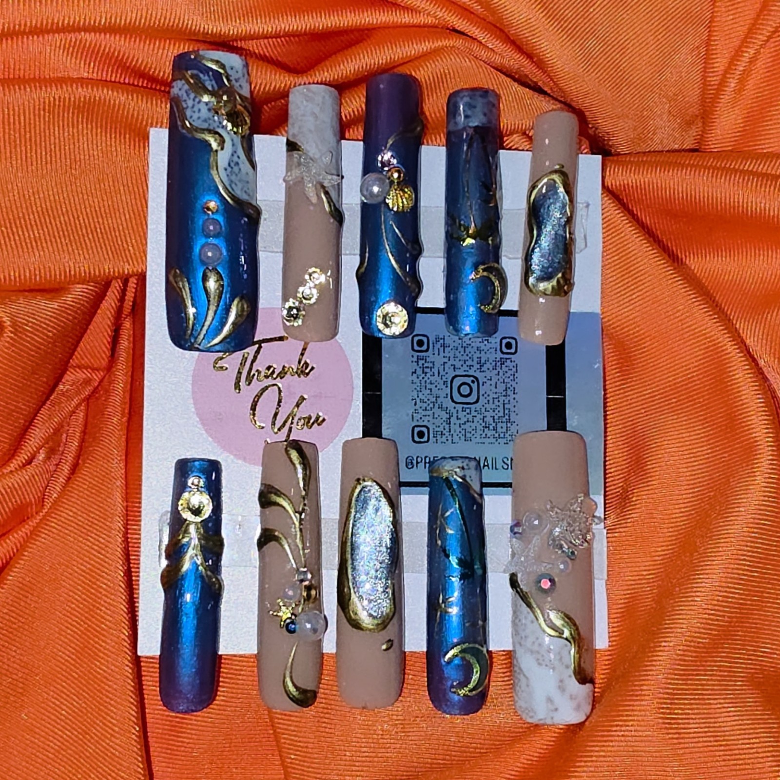 Acrylic Press-On Nails Ocean Beach Nautical Blue Gold White 3XL Square Cat Eye
