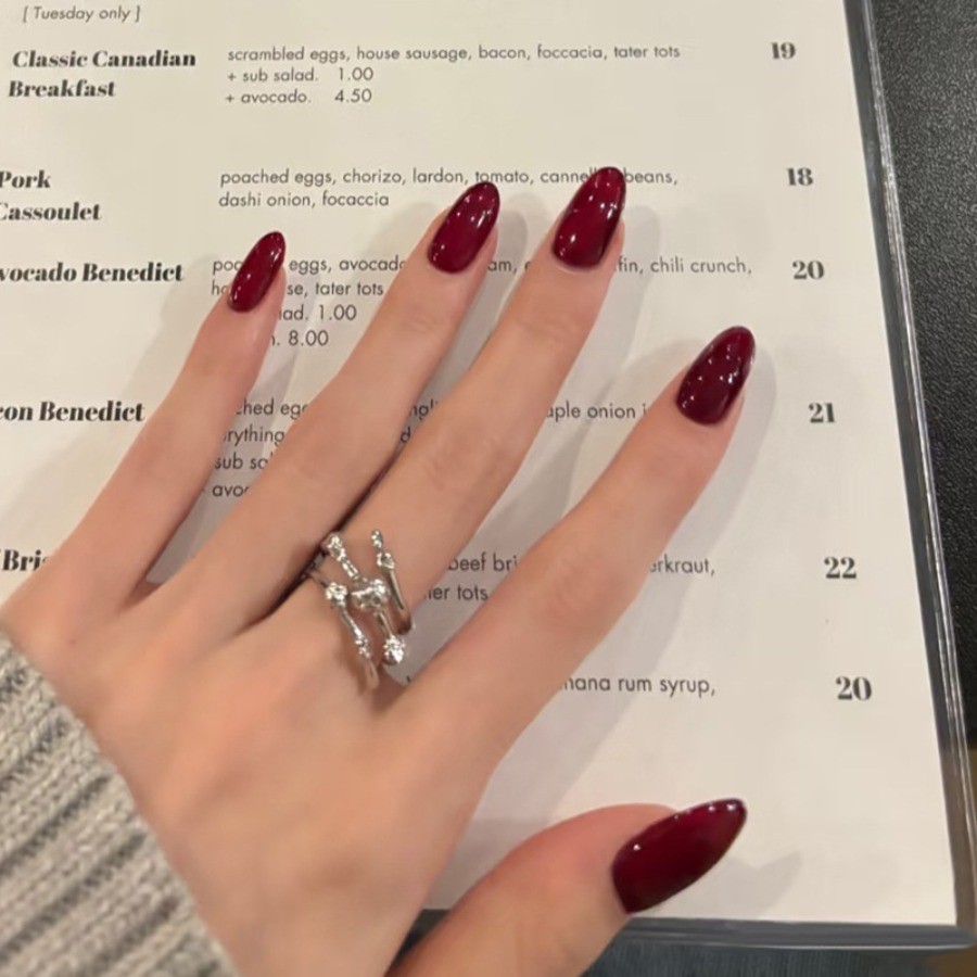 60pcs-Deep Red Press on Nails, Solid Color Glossy Almond Fake Nails for Women