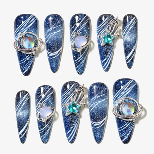 Handmade Press-on Longtiletto Amlond Whiteilver Butterfly Rhinestone #148 S