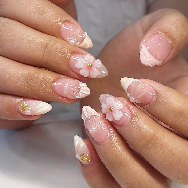 24Pcs Pink Floral Press on Nails Short Almond Fake Nails with 3D Flower Design G