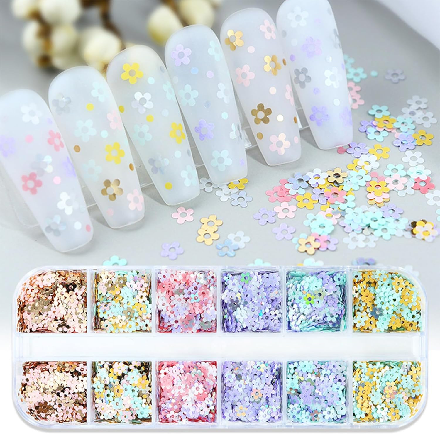 12 Grids Flower Nail Art Glitter Sequins 3D Holographic Floral Nail Flakes Sprin