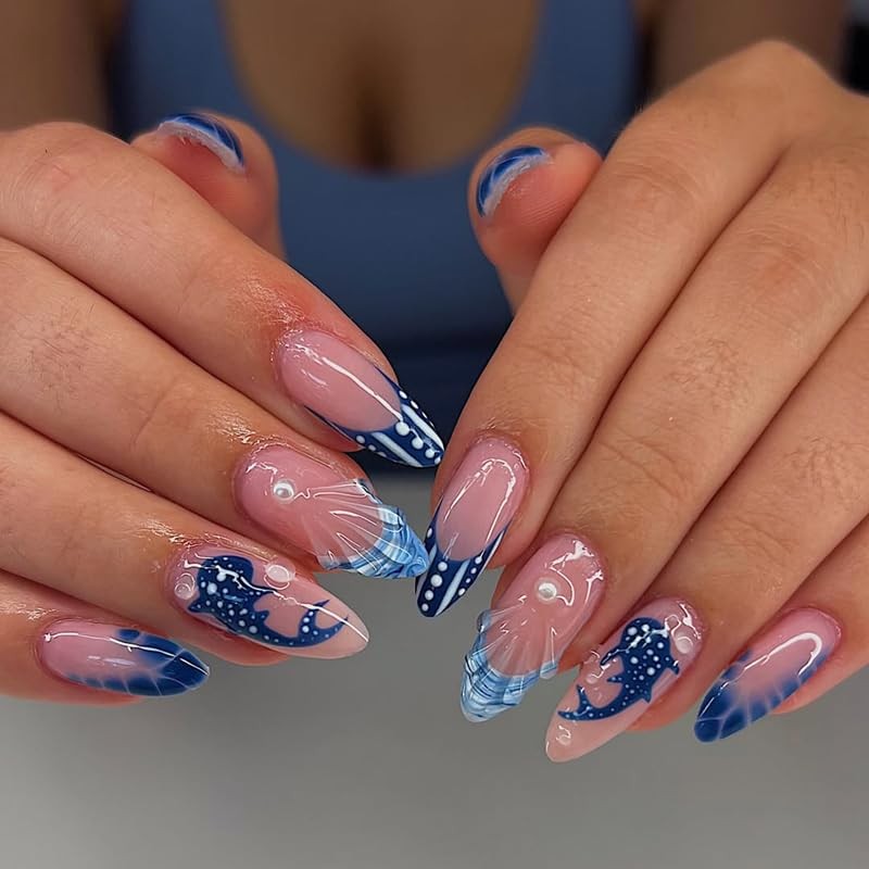 3D Wave Medium Press on Nails Almond Fake Blue | Spots Medium, Style-21