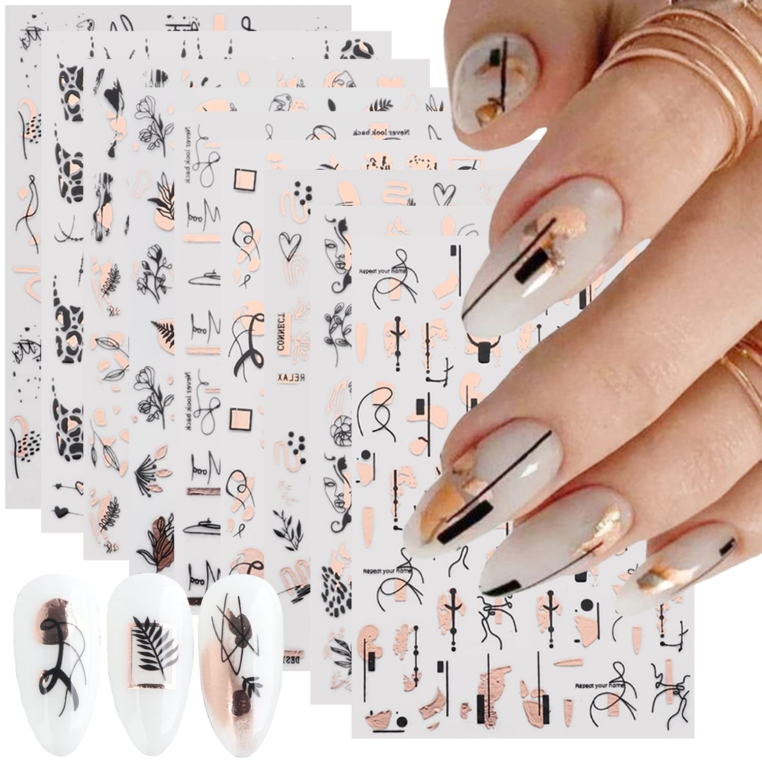 9 Sheets Gold Nail Art Stickers,Rose Gold Abstract Line 3D Self-Adhesive Nail…