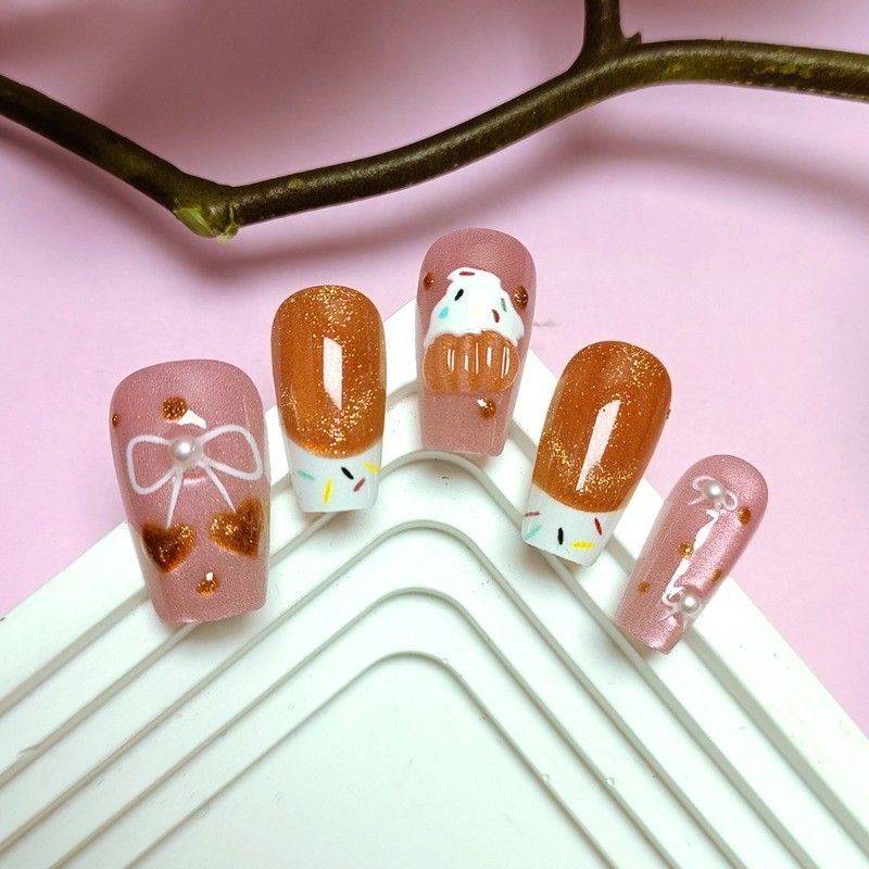 10Pcs-Pink Cupcake French Tip Medium Square Press on Nails with Bow Fake Tips