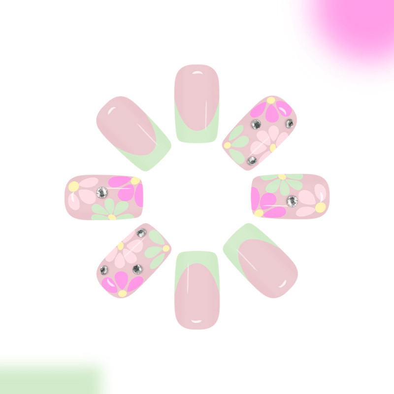 48pcs Short Square Press on Nails, Mint Green French Tip Pink Flower Nails