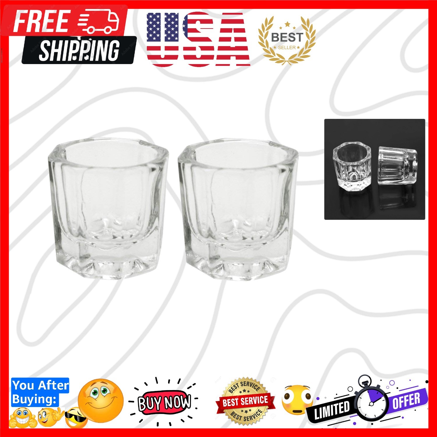 2 Nail Art Acrylic Liquid Powder Dappen Dish Glass Crystal Cup Glassware Tools