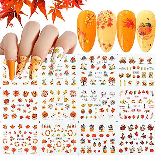 Maple Leaves & Pumpkin Nail Stickers, 12 Sheets Waterecals forIY D