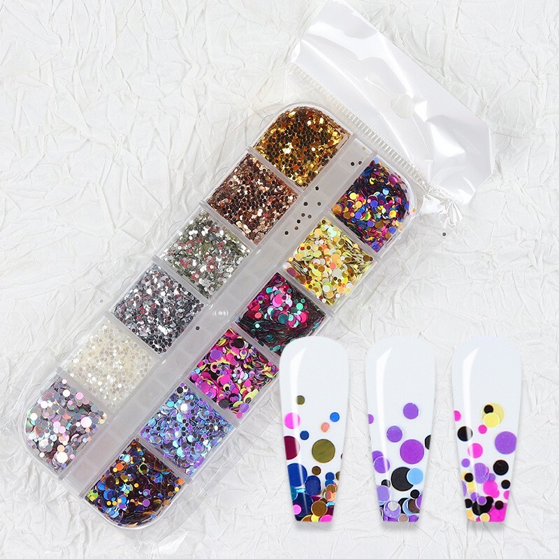 12 Grids Mixed Colors Round Dot Shape Nail Sequins Flakes Nail Art 3D Decoration