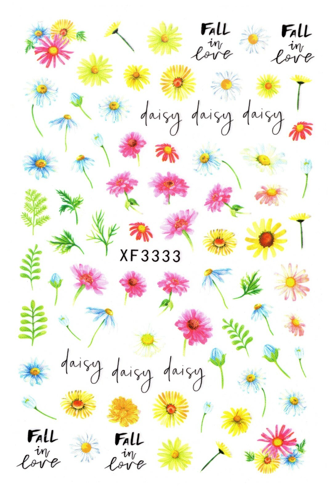 Nail Art 3D Decal Stickers beautiful daisies green leaves fall in love XF3333