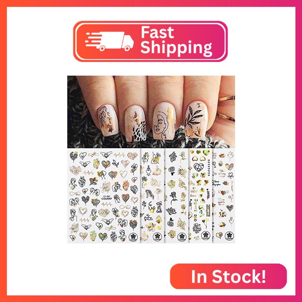 Gold Flowers Nail Art Stickers, Holographic Rose Floral Leaf Love Heart Lips Let