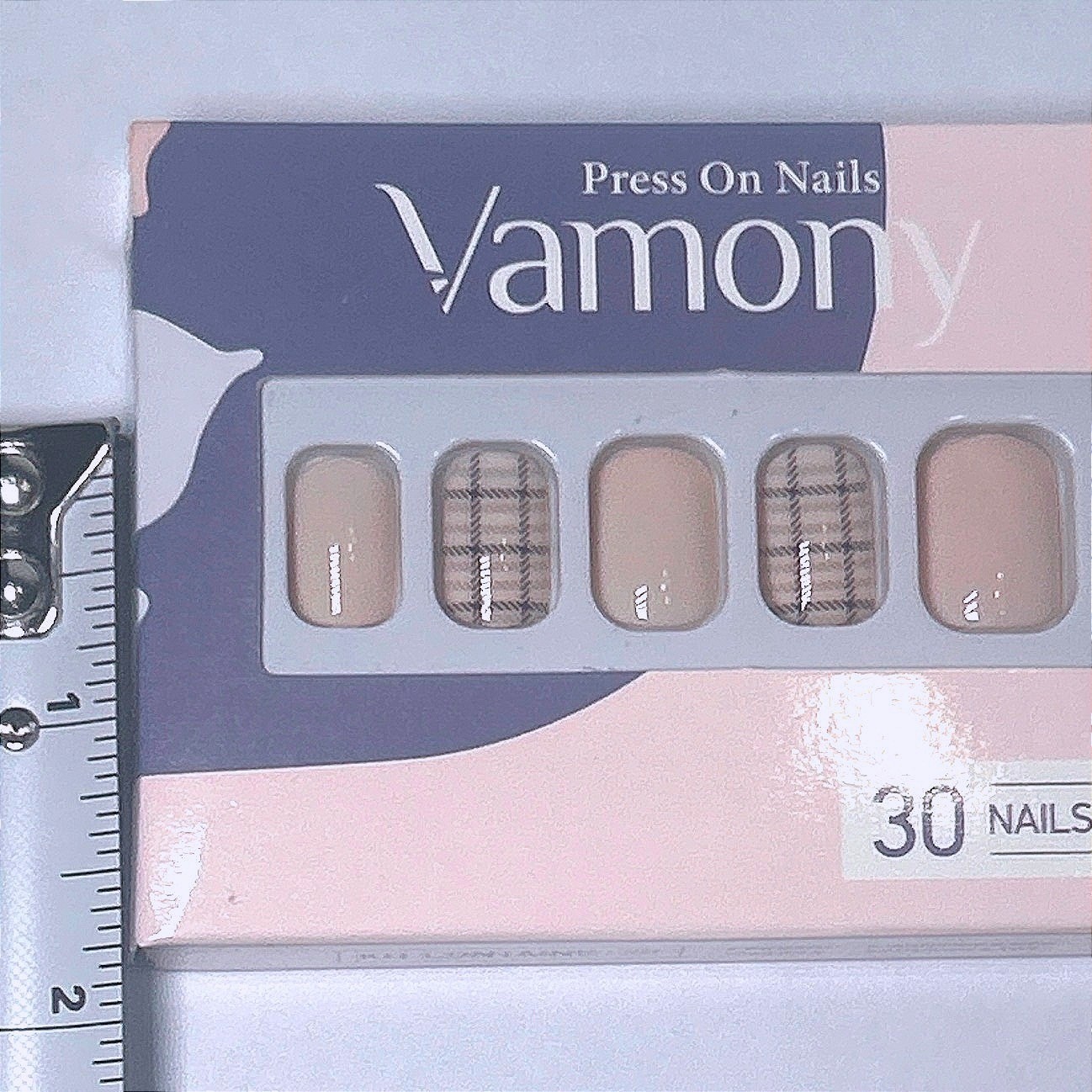 Vamony Press On Nails Nude Beige Plaid Short Square 30 Pieces NIB