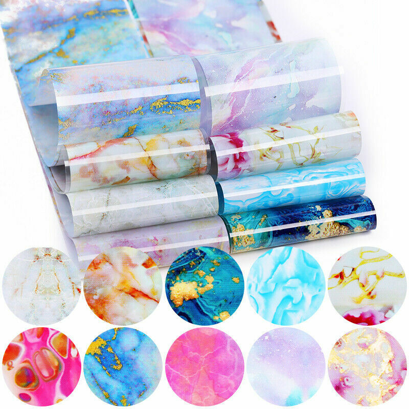 Nail Stickers Transfer Color Decals Nail Art Decor Tips Marble Flower 10Pcs Foil