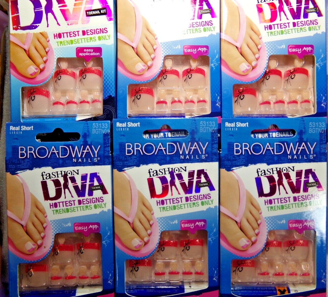 Lot of 6 Packs Broadway for Kiss Glue-On TOENAILS Haute RED FRENCH