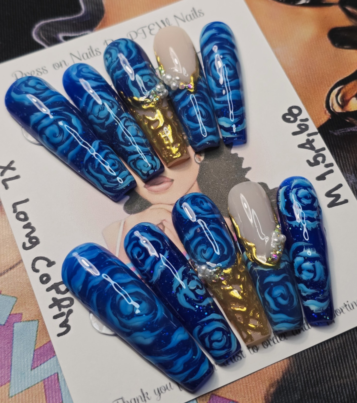 Handmade Gel Press On Nails,V Rose Nails,Medium Size 1,5,4,6,8 XL Long Coffin