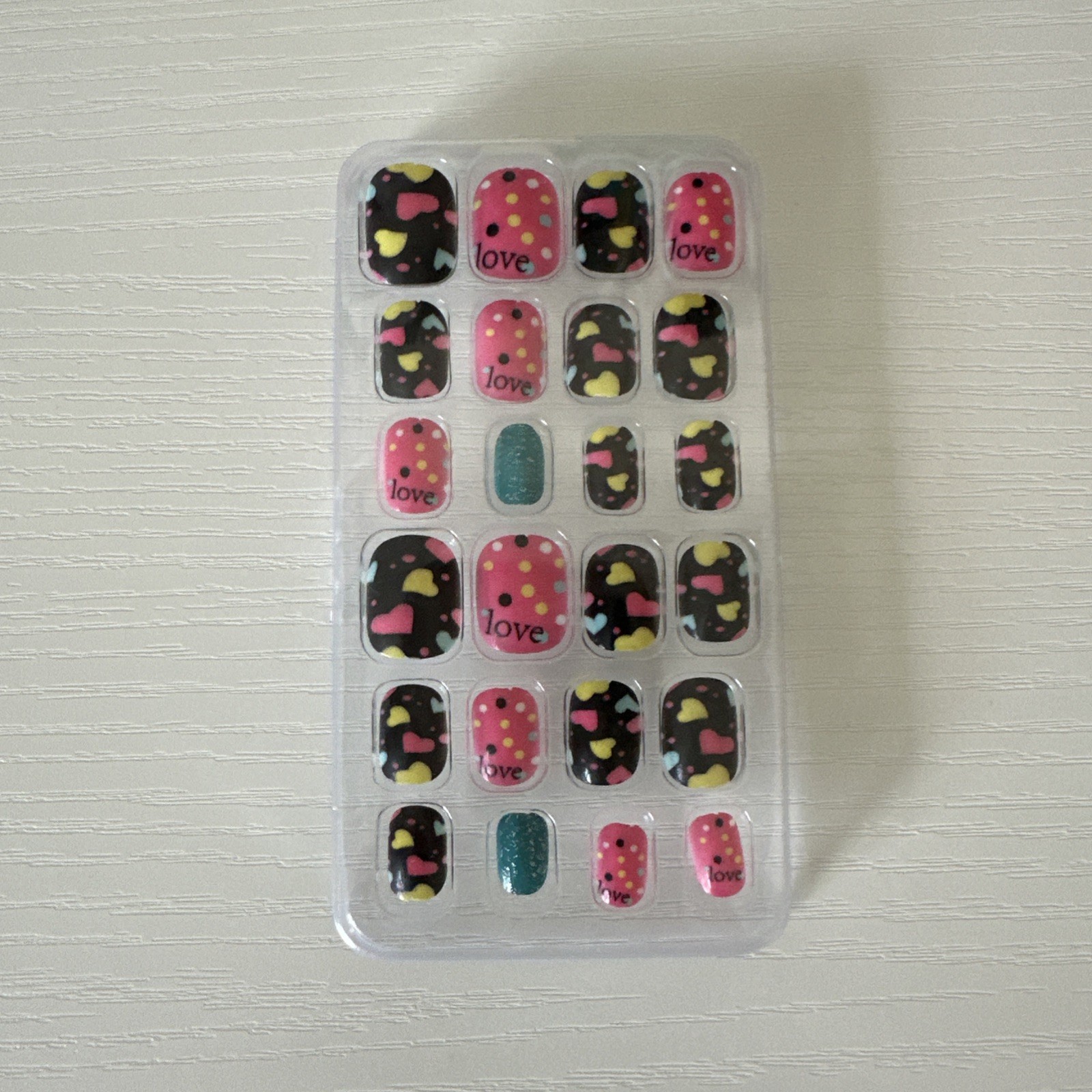 Square Full Cover Press-On Nails Set Love Theme Glitter Pink Black Green Silver