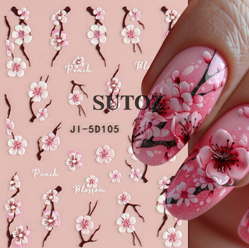 5D Embossed Pink Cherry Blossom Flowers Decal Nail Stickers Sliders JI5D104/105