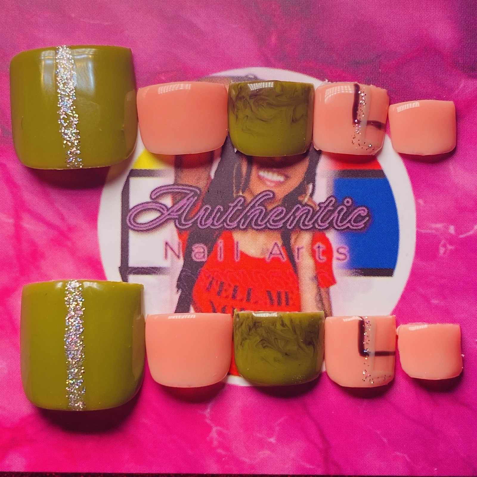 Square Press-On Nails Olive Green Peach Marble Glitter by Authentic Nail Arts