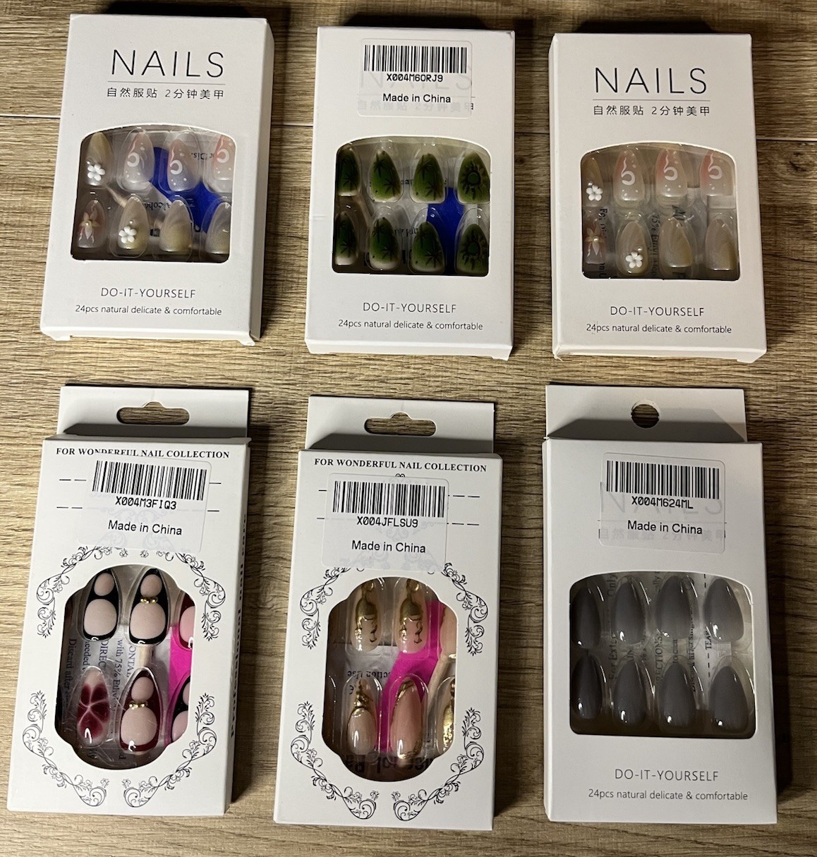 6 Pack Press On Nails Lot Mixed Designs Almond Oval Medium Nail Kit