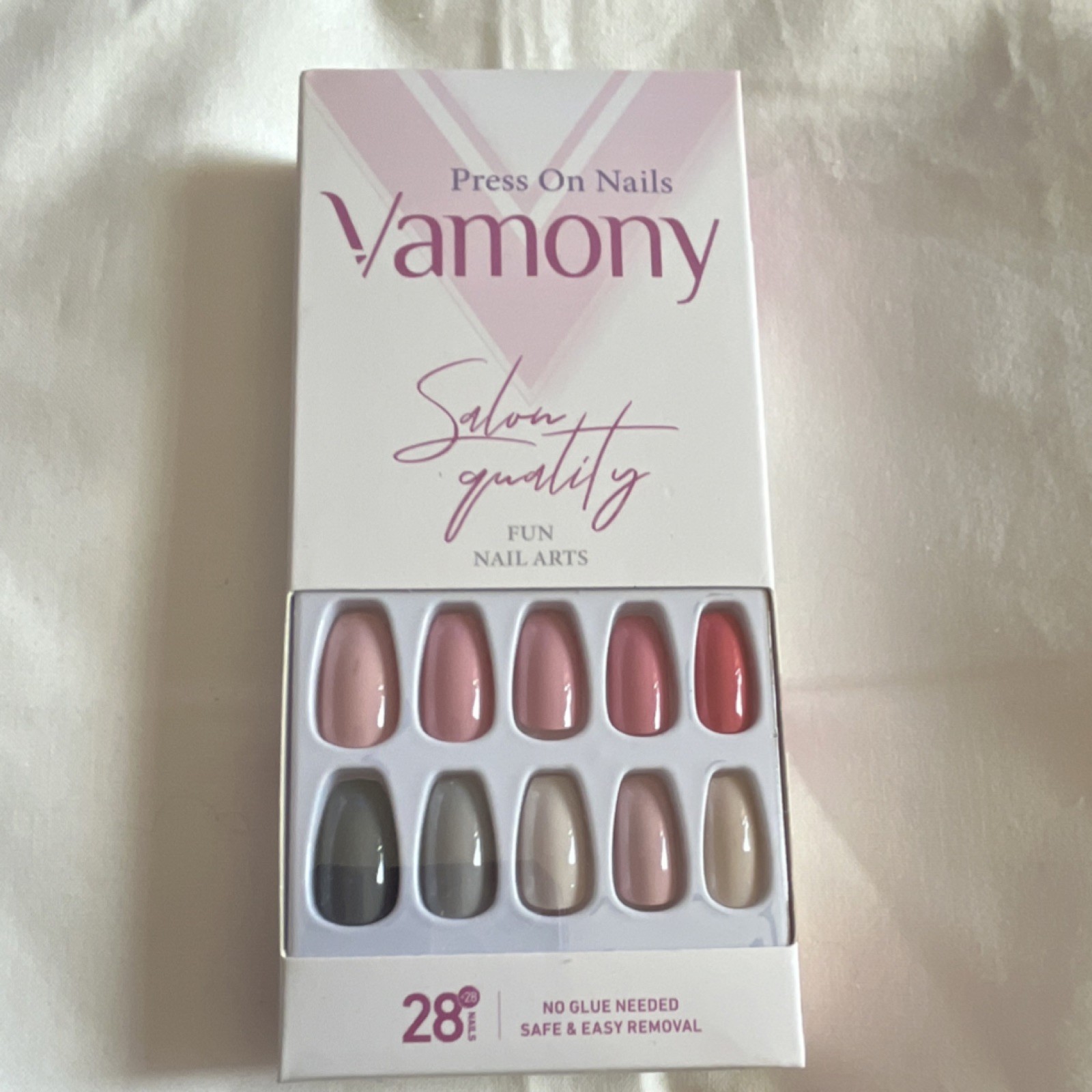 Vamony Press-On Nails Pink Gray Beige Red Gel Oval Self-Adhesive Full Cover