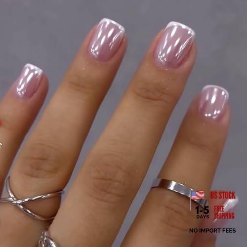 Extra Short Square Shaped Fake Nails – Chrome Tip Press on Nails – Glossy