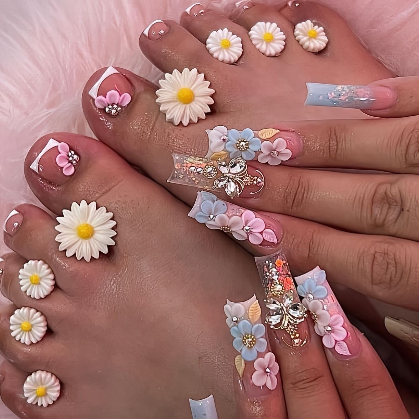 24pcs White Flower Bow Luxury Rhinestone Square Press On Nails Long False Nails