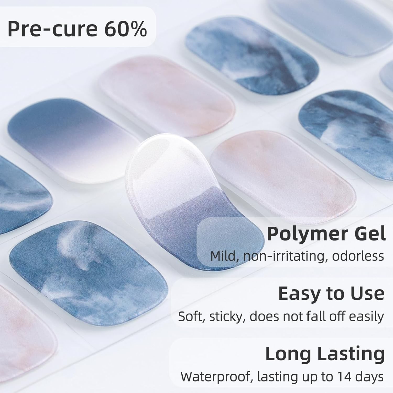 Semi Cured Gel Nail Strips, 28 pcs UV Stickers for F. Dreamy Waves