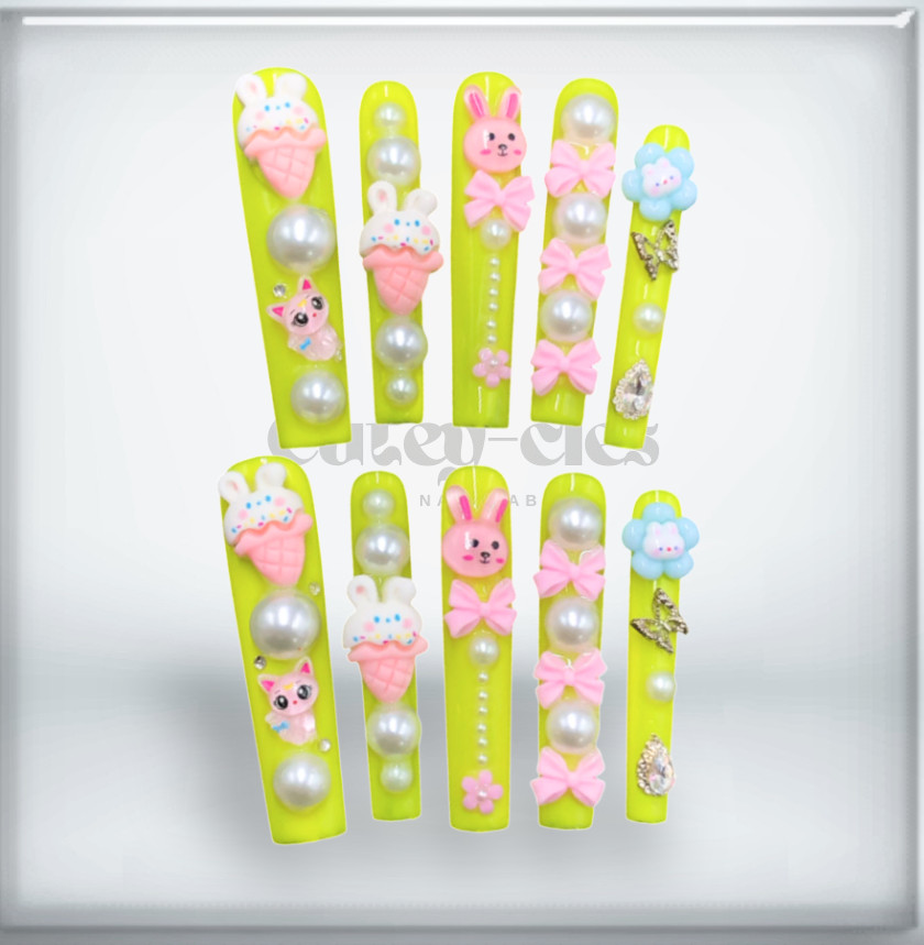 Kawaii 3D Ice Cream Easter Bunny Press-On Nails – Cute Harajuku 3XL Nail Set