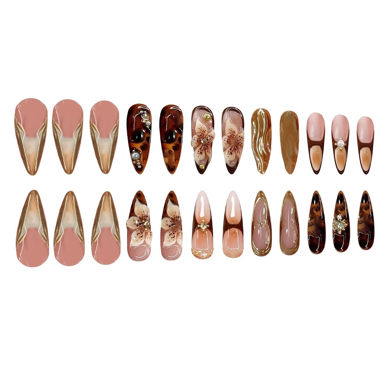 24PCS Black Gold Flower Press On Nails Long Almond Full Cover Reusable Fake Nail