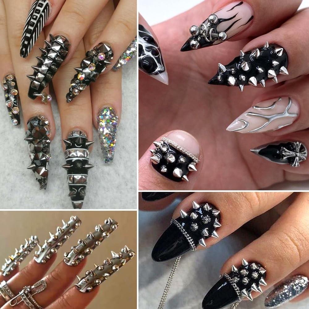 3D Mini Metal Punk Nail Art Studs Mixed Sizes Silver Black Cone Spike Metalli…