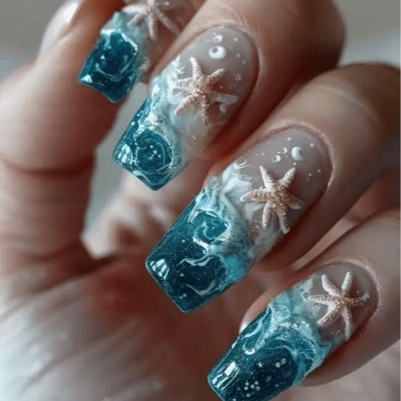 48Pcs Long Trapezoid Nails, Blue Green Gradient, Wave Starfish Decor