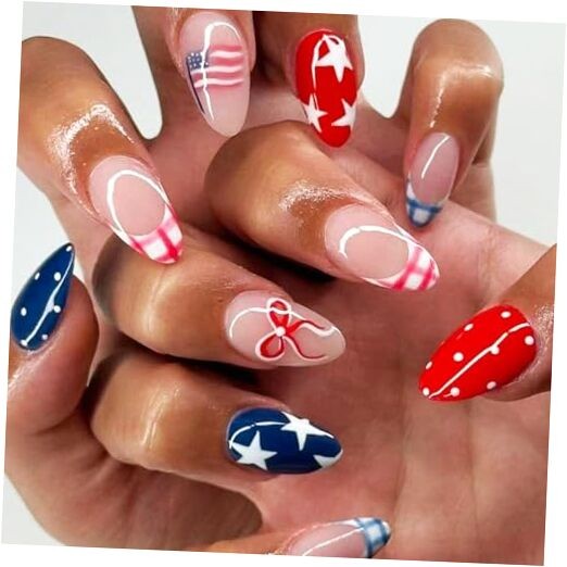 4th of July Press on Nails Short ALmond Checkered Bow Star Polka Dots Designs