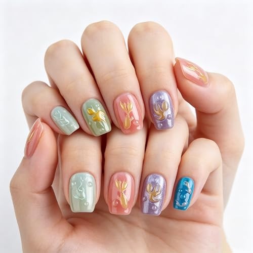 Press on Nails with Embossed Koi Fish Design Glossy Multicolor Fake 3D Goldfish