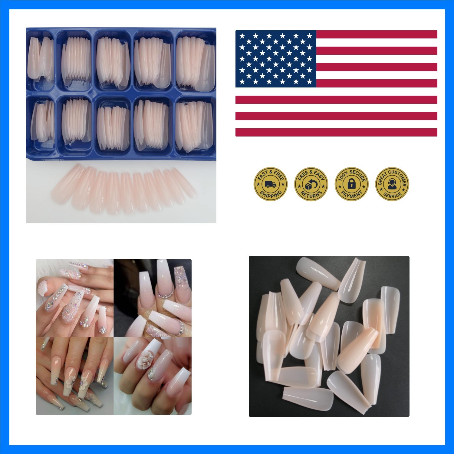 100PC Coffin Press-on Nails Nude Medium Acrylic Tips, Ballerina Style, Full C…