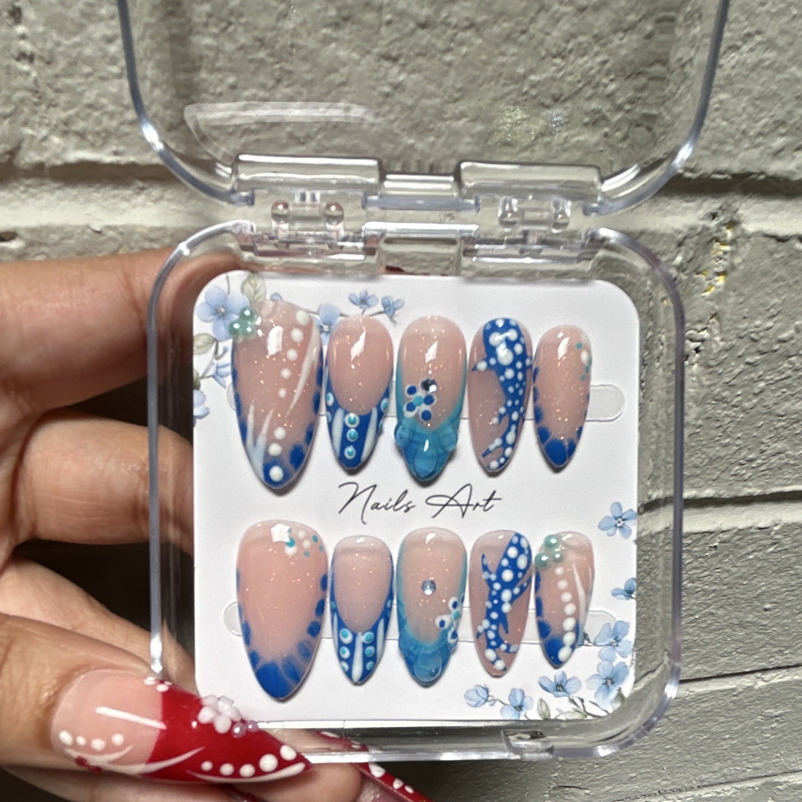 Blue Nude Ocean Acrylic Press-On Nails Long Coffin Full Cover Set