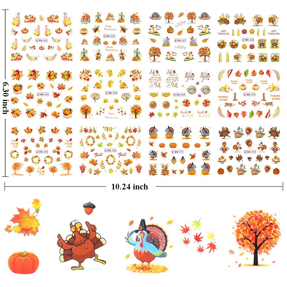 Fall Nail Stickers Autumn Maple Leaf Nail Art Decals Thanksgiving Day Water D…