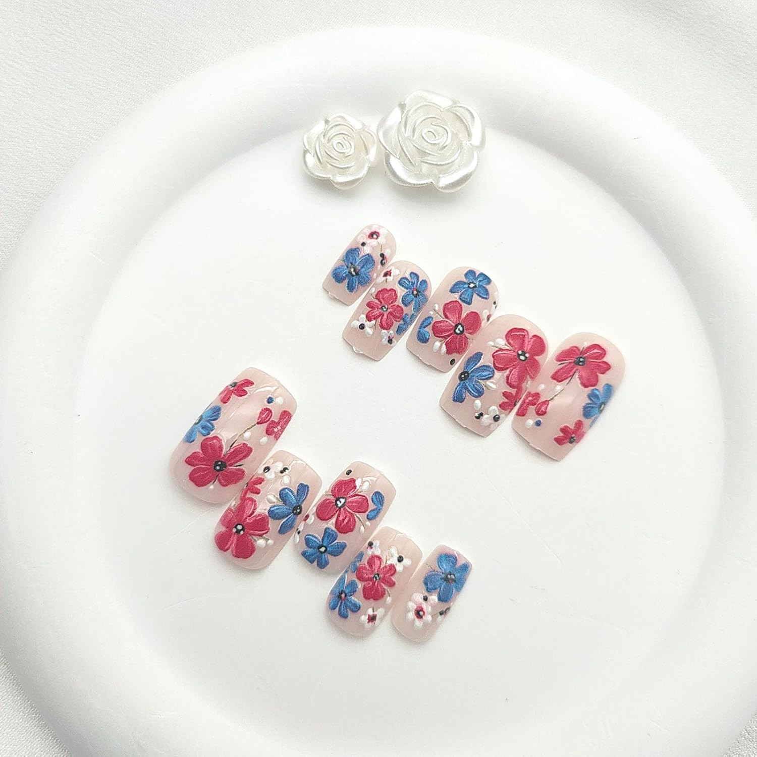 4Th of July Press on Nails Medium Square Fake Nails with Blue Red White Flower D