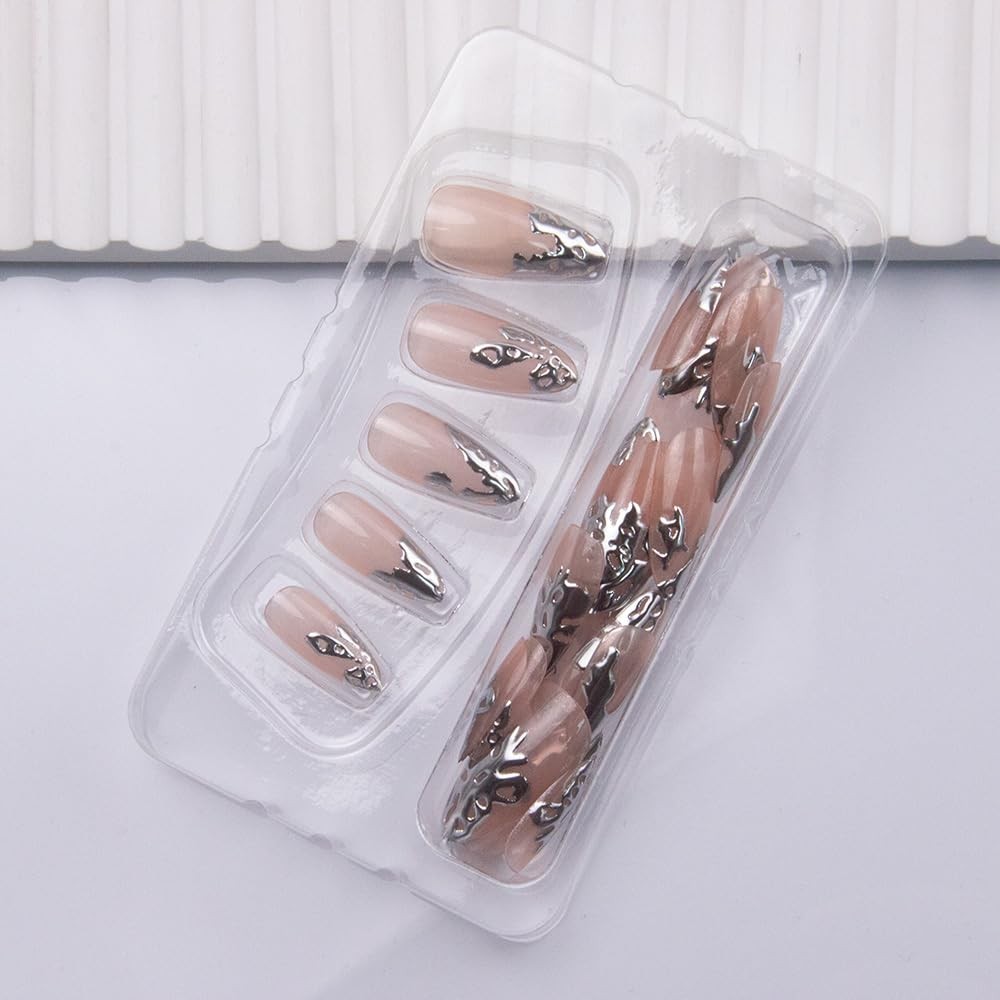 Almond Press on Nails Silver Fake French Tip False Medium, Style 6