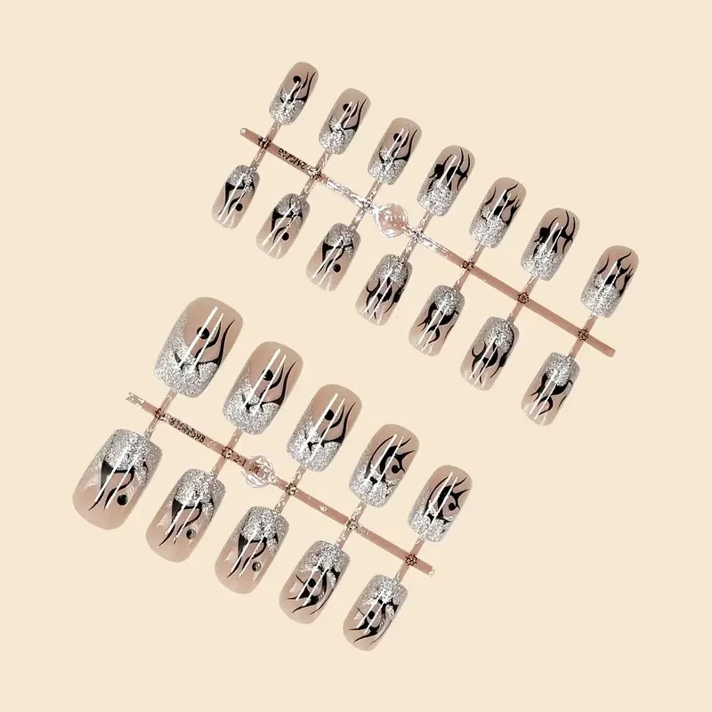 Long Square Press-On Jelly Nails 24 pcs Set French Flames Glitter Size Medium