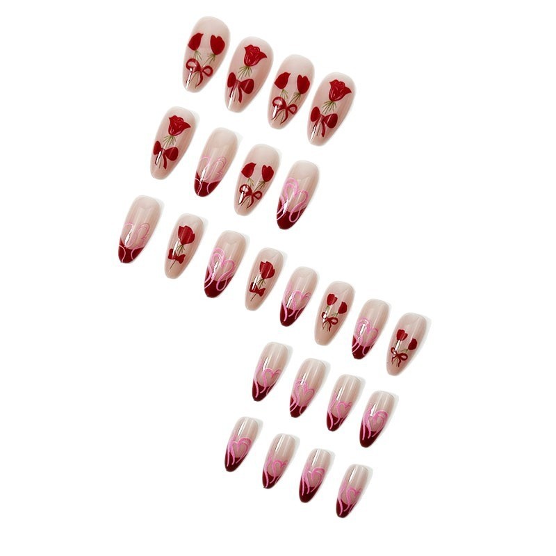 48PCS Long Almond Reusable Bare Pink Flame with Peach Heart-shaped Fake Nails