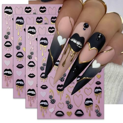 4 Sheets Sexy Black Lips Nail Stickers Golden&Rose Gold Nail Decals Heart Dark