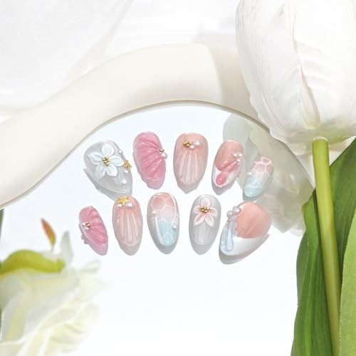 24Pcs Beach Press on Nails – Extra Short Almond Fake Nails – 3D Flowers Starfish