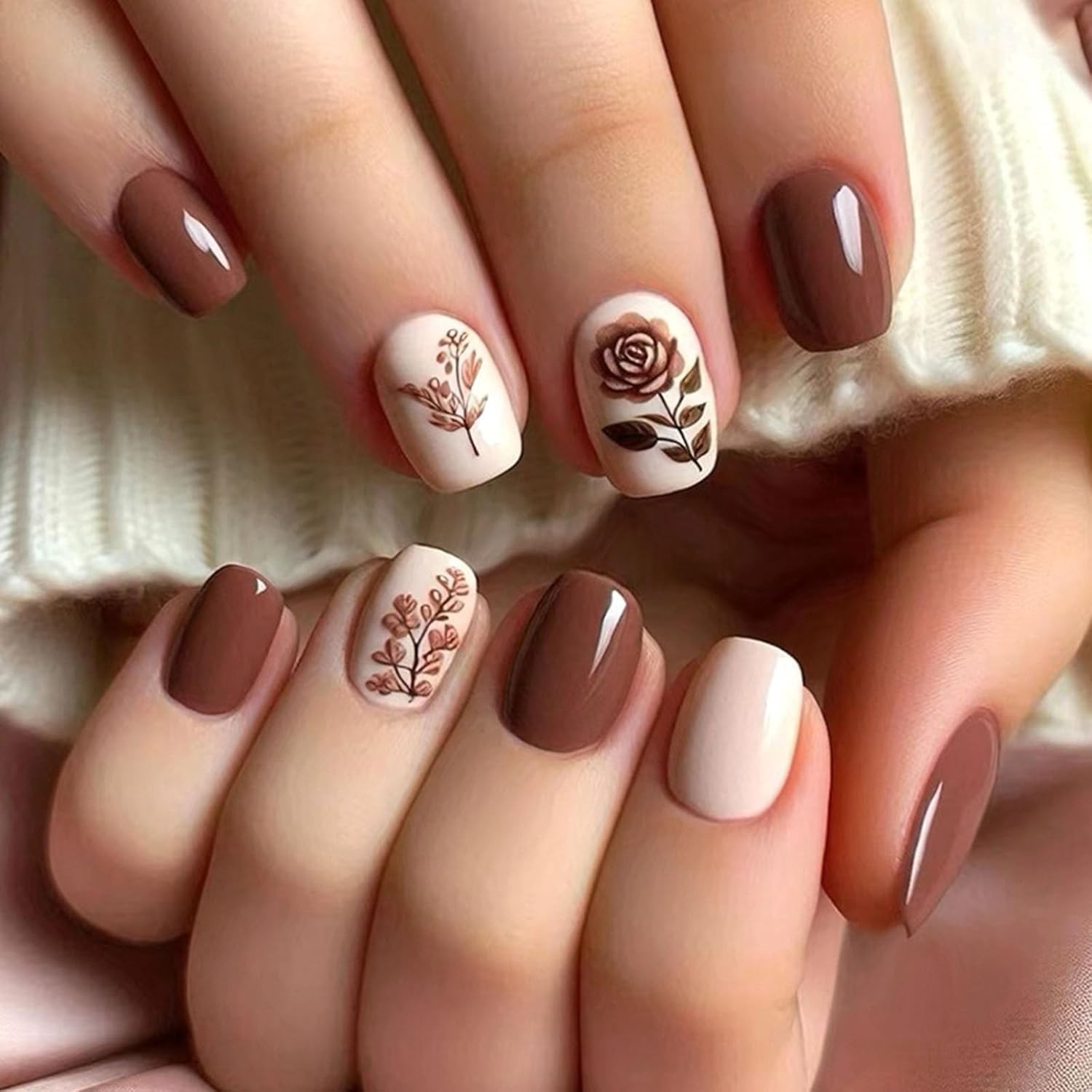 Fall Press on Nails Short False Nails with Pink Rose Leaves Designs Square Nails