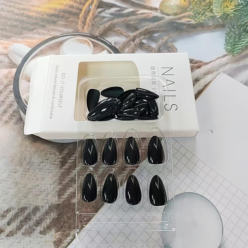 30 Pcs Black Press On Nails Short Almond – Extra Short Fake Nails Press ons A…