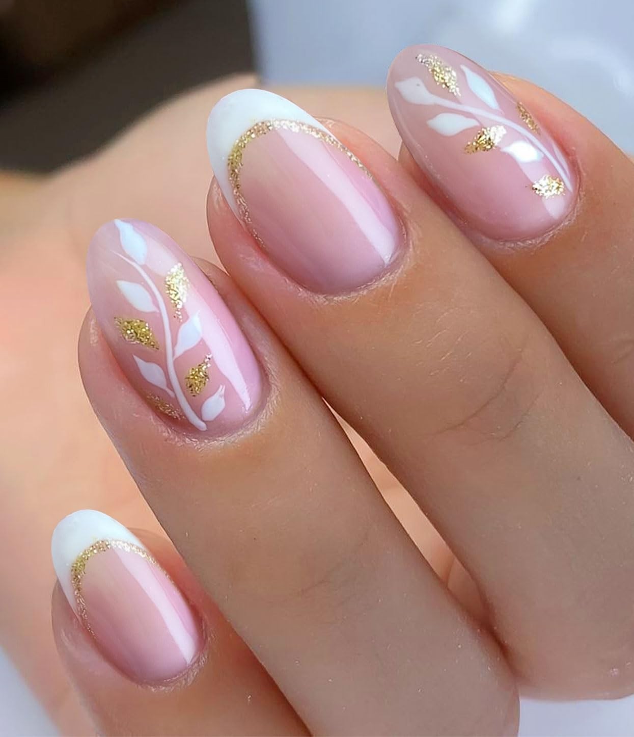 Nail Stickers Leaves White French Tip Semi Cured Nail Strips Wraps UV/Nails A…