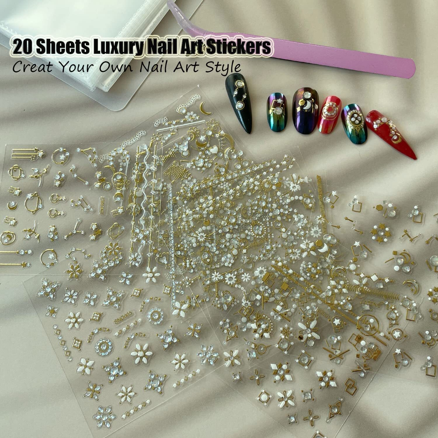 20 Sheet 3D Nail Art Stickers,Gold/Diamond Design Luxury Nail Self-Adhesive New