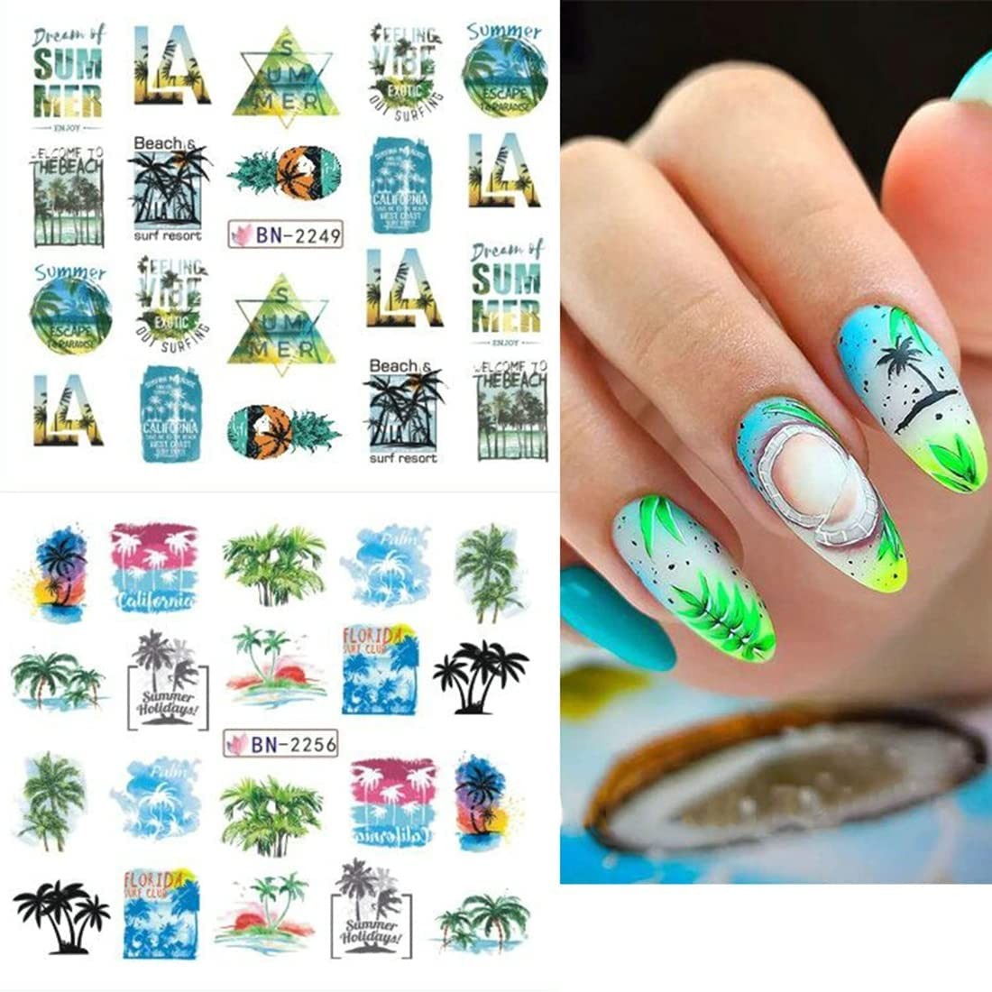 12pcs Summer Palm Tree Nail Art Stickers Decals Water Transfer Coconut Tree N…