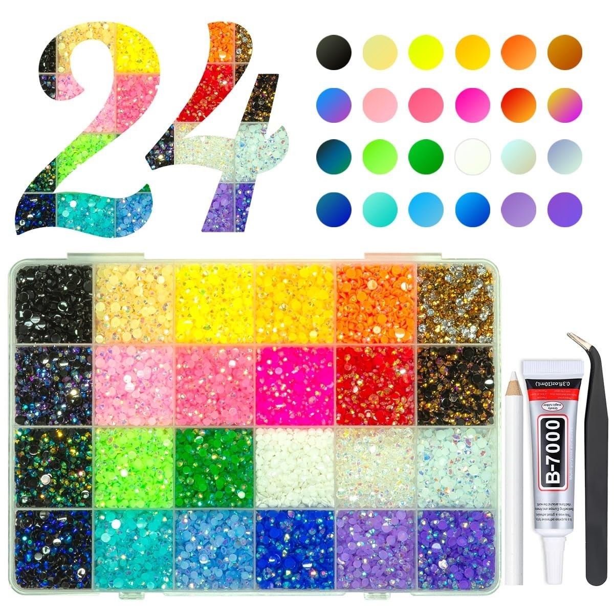 24 Color 20000PCS Jelly Resin Rhinestones & B7000 Glue for Crafting, Nails & Mak